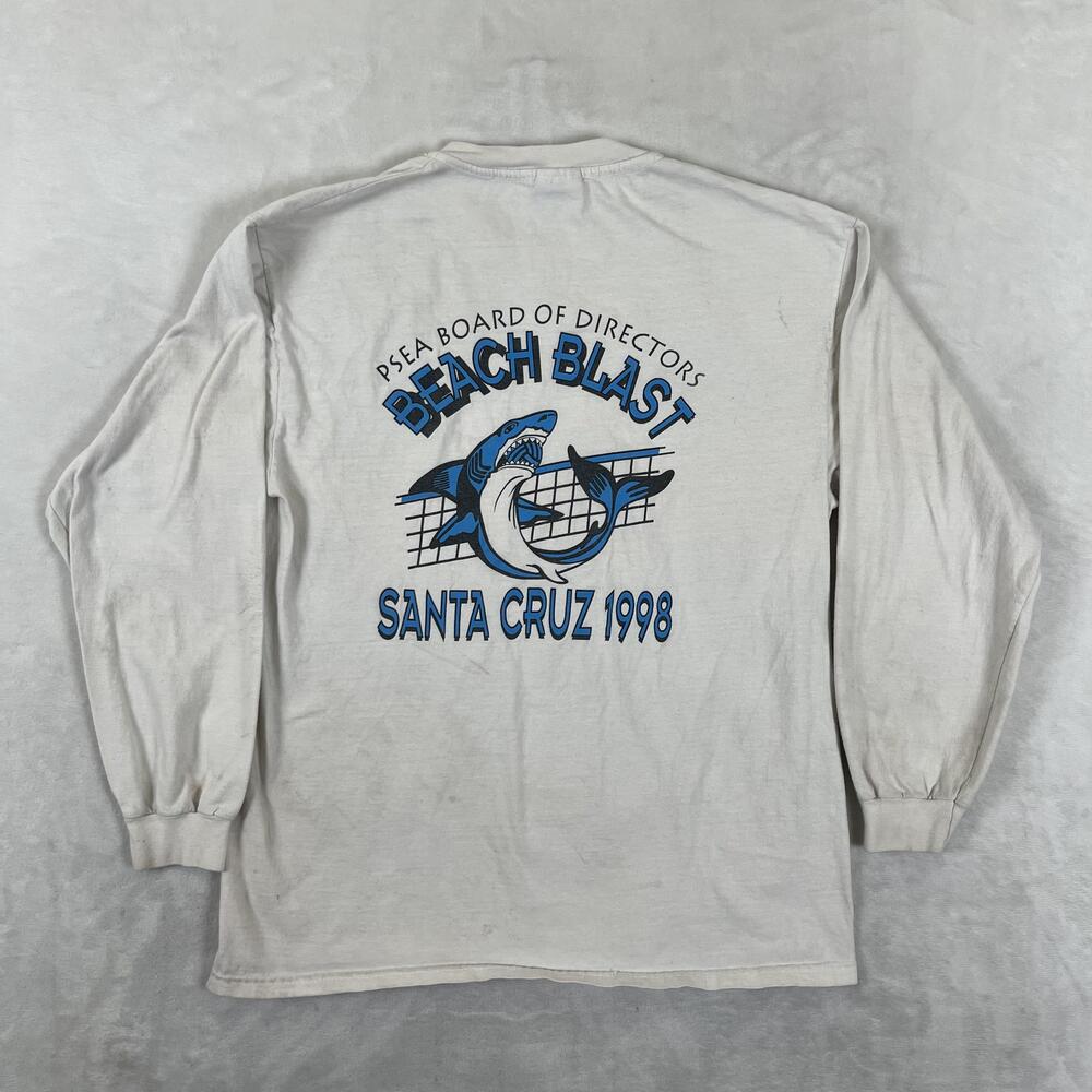 Vintage Beach Blast Santa Cruz Long Sleeve T-Shirt Mens L White Shark 1998 90s